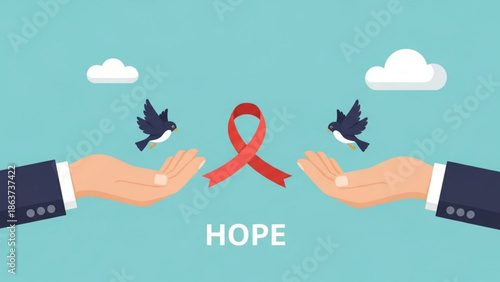 Hopeful hands releasing birds with red awareness ribbon on blue background with clouds with red ribbon and support and health and wellness and inspiration