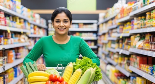 Happy young woman shopping for fresh fruits and vegetables in grocery store aisle with a bright smile and vibrant produce on a busy day in supermarket