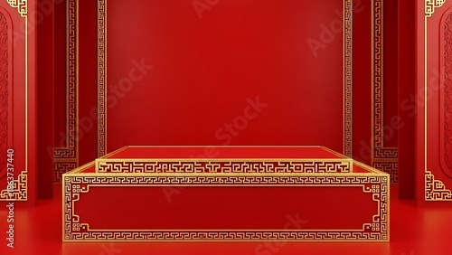 Elegant red stage design with golden borders and oriental patterns