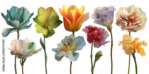 A vibrant collection of tulips in various colors including blue, yellow, orange, purple, pink, and white, arranged beautifully on a white background.