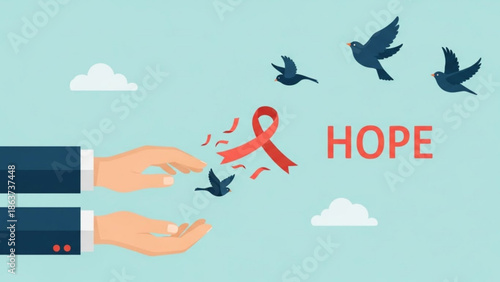 Hands releasing red ribbon with flying birds and clouds symbolizing hope and freedom on light blue background with inspiration and motivation