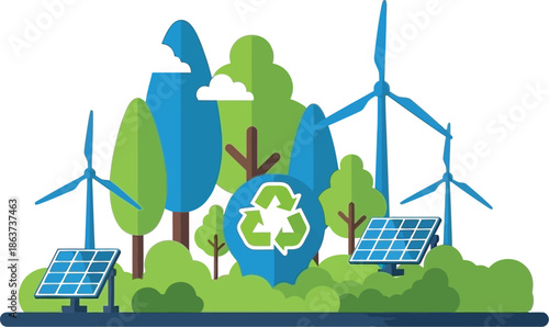 Illustration depicting sustainable renewable energy sources including solar panels and wind turbines integrated harmoniously within a lush green environment signifying ecological balance.