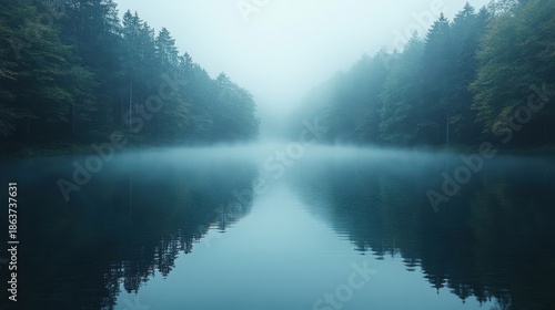 Misty River Between Trees in Foggy Morning Light Serene Nature Reflection