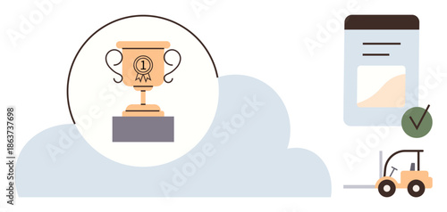 Award recognition, cloud storage, logistics, shipment tracking, documentation, data management. Trophy, forklift and checklist with a cloud. Award recognition and cloud storage