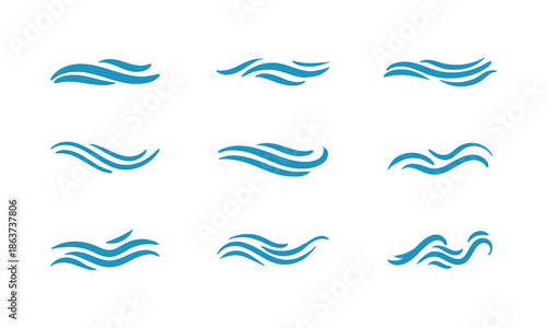 Set of a water waves. Liquid splashing, sea ocean flow elements, nautical curvy isolated on white background