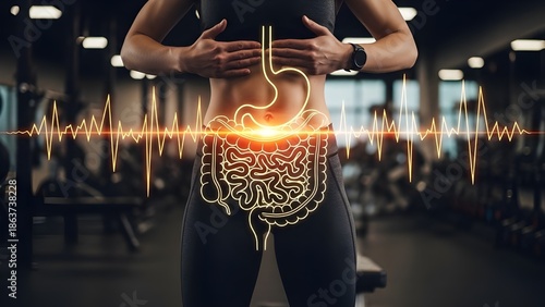 Mujer activa en un gimnasio tocando su estómago con una brillante ilustración de órganos digestivos.
 Concepto de apoyo al metabolismo, salud intestinal, fitness y estilo de vida saludable.