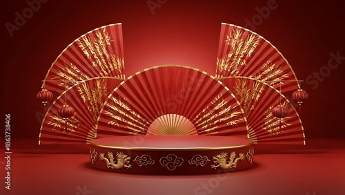 Elegant red stage display with fans and lanterns for festive celebrations