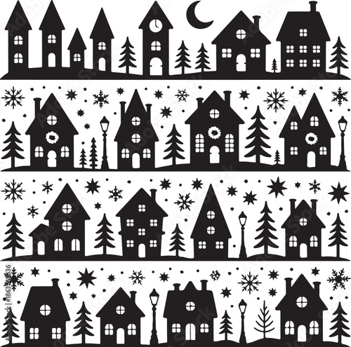 black and white winter village scene with houses and trees