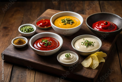 Assorted Food Sauces and Dips in Small Bowls on Wooden Table, Variety of Homemade Condiments, Creamy and Spicy Sauces, Culinary and Gourmet Food Background