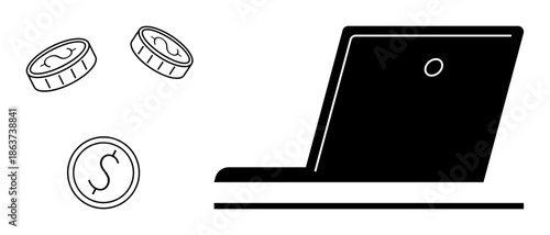 E-commerce, online banking, digital transactions, payment systems, finance, wealth management. Laptop and coins in simple design. E-commerce and online banking concepts