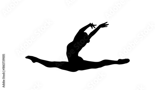 Black silhouette of female gymnast split jump isolated vector illustration