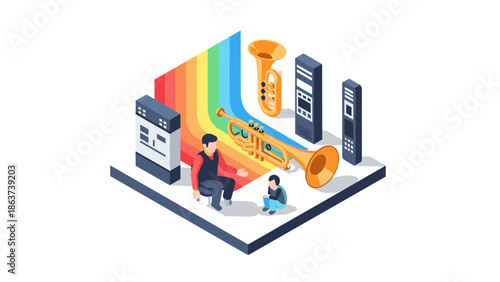 Isometric music technology concept with instruments and colorful sound waves