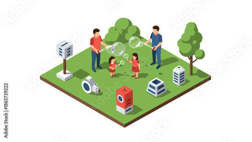 Family enjoying bubble blowing in isometric park scene with trees and buildings