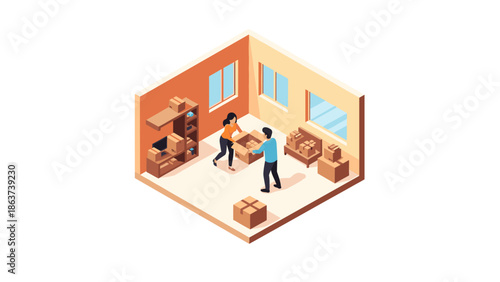 Isometric warehouse scene with workers organizing boxes and shelves