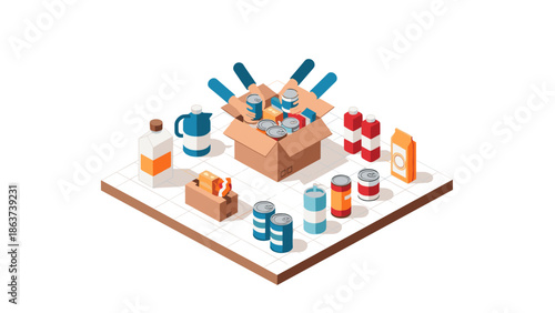 Isometric food donation concept with canned goods and boxes
