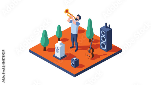 Isometric musician playing trumpet among trees and instruments on a platform