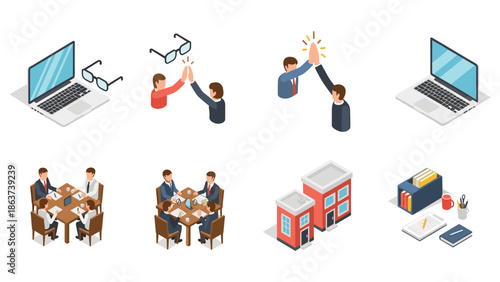 Isometric business concepts: teamwork, meetings, and technology in modern workspaces