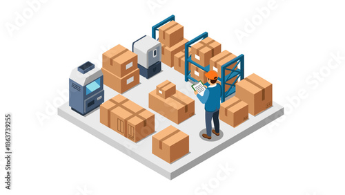 Worker managing inventory in modern warehouse with boxes and shelves in isometric style