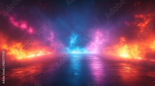 Abstract Neon Tunnel with Fiery Hues and Starry Atmosphere Reflecting on Wet Ground