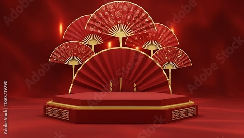 Elegant red stage with decorative fans for product display or presentation
