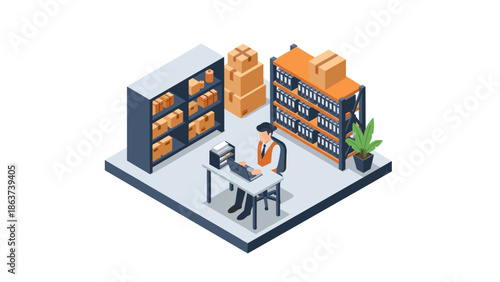 Warehouse worker managing inventory in isometric storage room