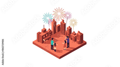 Isometric cityscape with fireworks and family celebration scene