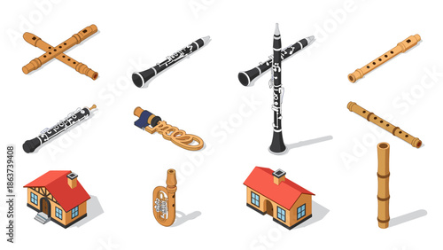 Isometric musical instruments and houses with a white background