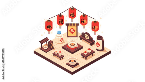 Traditional chinese tea ceremony isometric design with lanterns and teapot