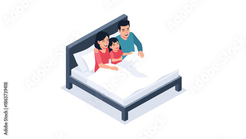 Happy family relaxing together in bed isometric style
