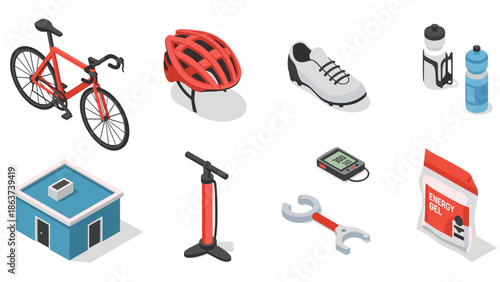 Isometric cycling gear: bike, helmet, shoes, tools, and accessories for enthusiasts