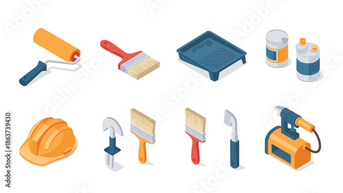 Isometric painting tools and equipment for home renovation and diy projects