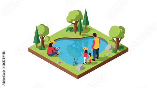 Family enjoying nature by the pond in a flat isometric design