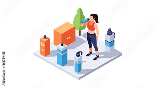 Isometric fitness scene with woman hydrating outdoors and water bottles