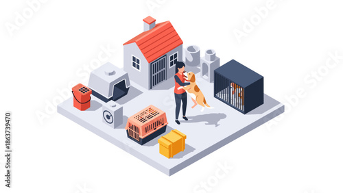 Isometric pet shelter scene with dog and caretaker in modern environment