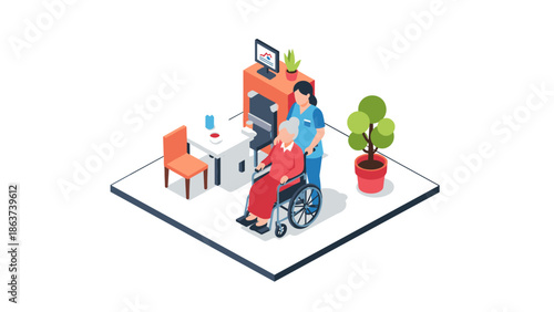 Isometric healthcare scene: nurse assisting elderly wheelchair user in office setting