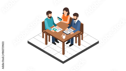 Isometric office meeting: collaborative teamwork and business discussion