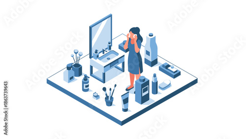 Isometric morning routine: woman in bathroom with mirror and toiletries
