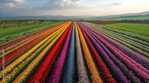 Vibrant Rows Of Colorful Tulips In A Vast Field Under A Bright Sunny Sky
