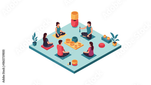 Isometric meditation session with singing bowls and people in calm relaxation setting