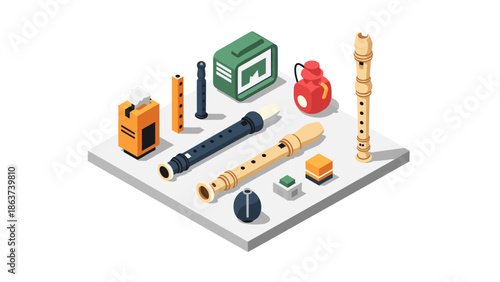 Isometric set of woodwind instruments and geometric objects on white background