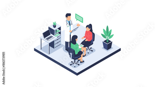 Isometric office consultation scene with doctor and patients in modern setting