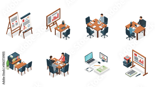 Isometric office scenes collection: meetings, presentations, and workspace setups