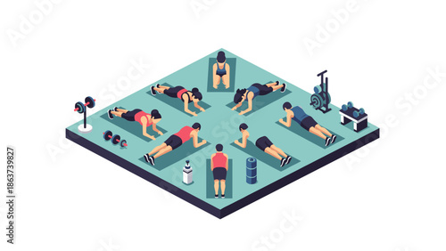 Isometric gym workout scene with people exercising and fitness equipment