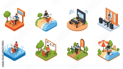 Isometric musicians in outdoor and indoor scenes playing drums and keyboards