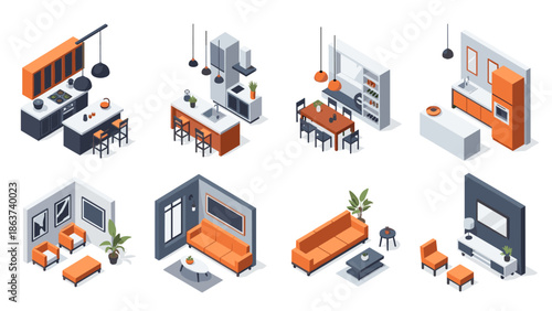 Modern isometric interior: stylish home spaces with orange and grey accents