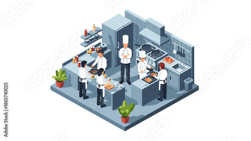 Isometric kitchen scene with chefs preparing dishes in a professional restaurant setting