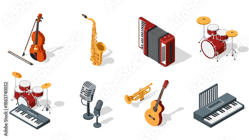 Isometric musical instruments collection: drums, guitar, saxophone, and more