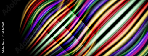 Colorful stripes form dynamic wave pattern. Bright hues blend, creating abstract visual effect. Lines curve, intersect, suggest movement.