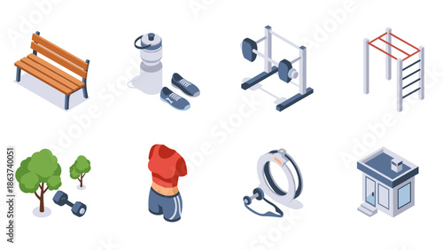 Isometric fitness and outdoor gym equipment icons for modern design projects