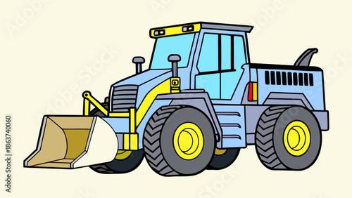 Vibrant blue and yellow front loader tractor for construction sites